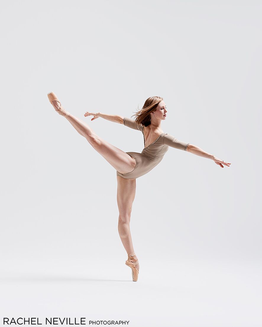 Female classical ballet dancer Jennifer grace in an attitude derriere on pointe photography by Rachel Neviile